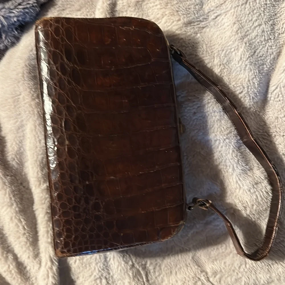 Very Authentic Crocodile Satchel Purse with Antique Gold Color Clasp & Hardware